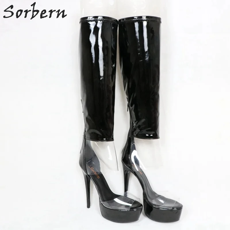 Sorbern Sexy Open Toe Clear Pvc Women Boots Knee High Summer Style Shiny Black Boots High Heels Custom Colors Designer Boots