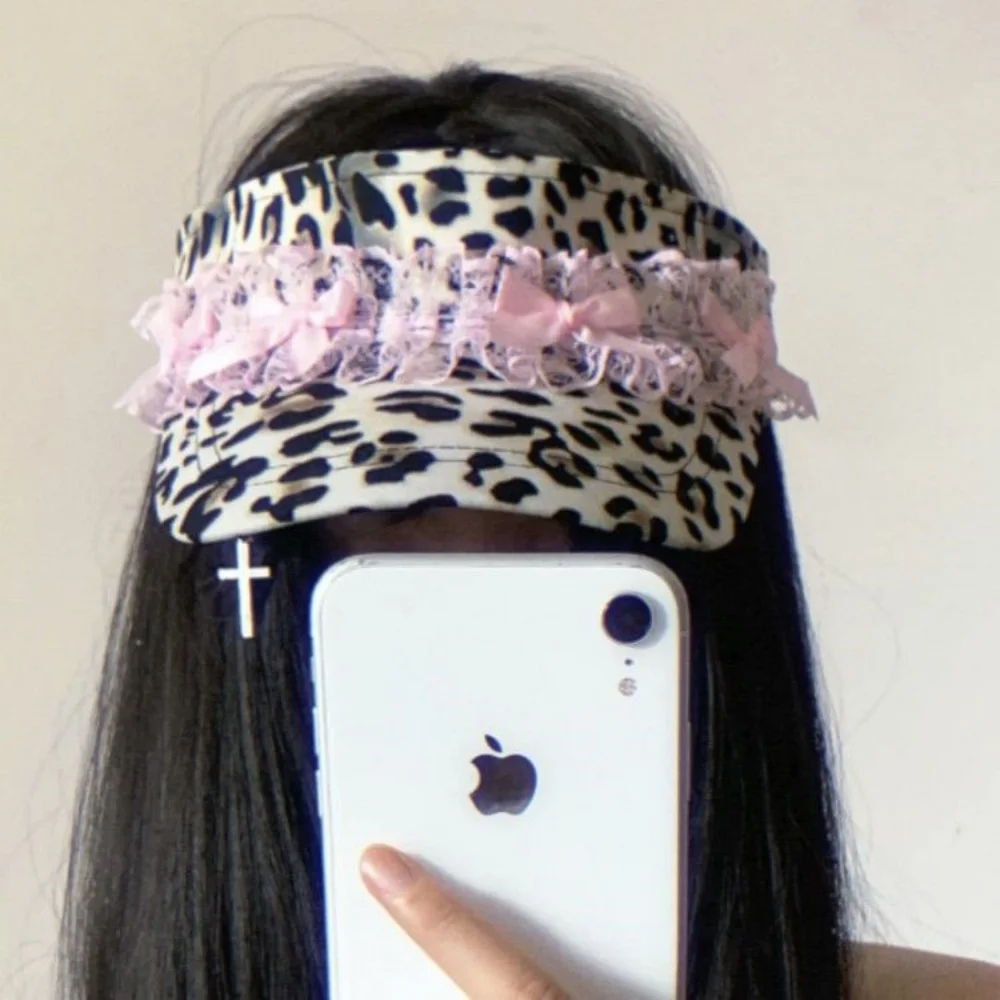 Korean Style Women Y2K Leopard Print Empty Top Cap Pink Lace Bow Decor Curved Brim Streetwear Sun Visor Hat