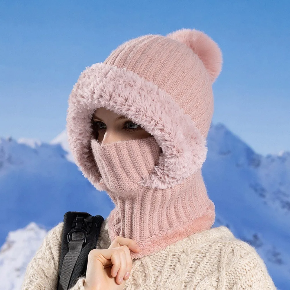 Simple Plush Balaclavas Hat Fluff Hood Winter Hat Solid Color Neck Scarf Hooded Cap Riding