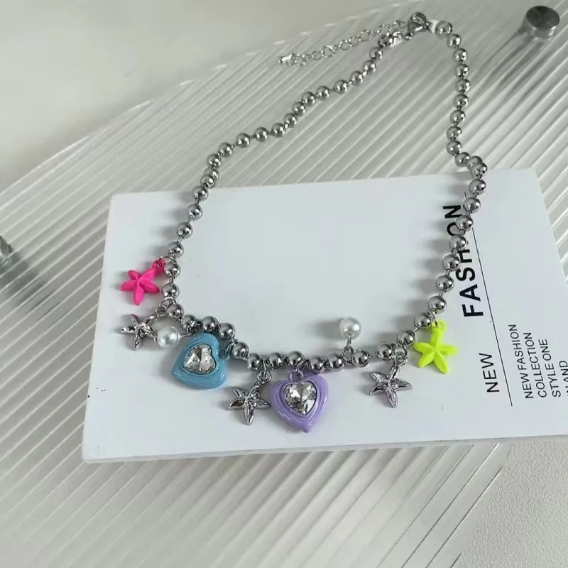 Korean Fashion Colorful Star Pearl Love Crystal Pendant Necklace for women Aesthetic Jewelry Beaded Necklace Clavicle Chain Y2K