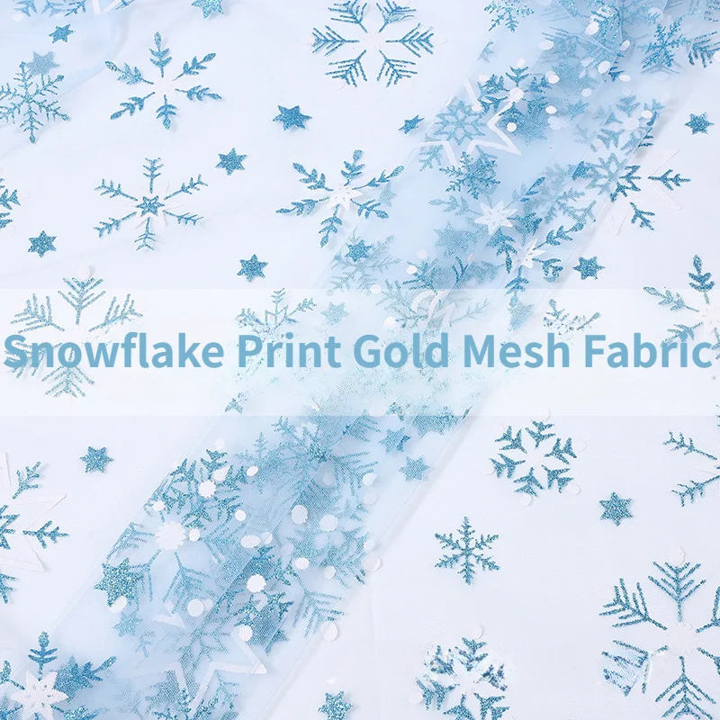 0.5/1/2 Yard Christmas Snowflake Print Gold Mesh Fabric for DIY Princess Dresses, Stage Costumes, Celestive Atmosphere Decoration