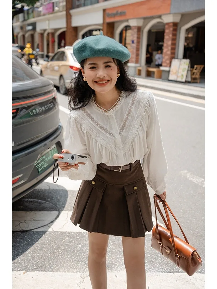 レトロコート Sle ホワイトレースバブル Sve ラウンドネック女性の秋冬インナーウェアベーストップルーズフィットフレンチ Sle