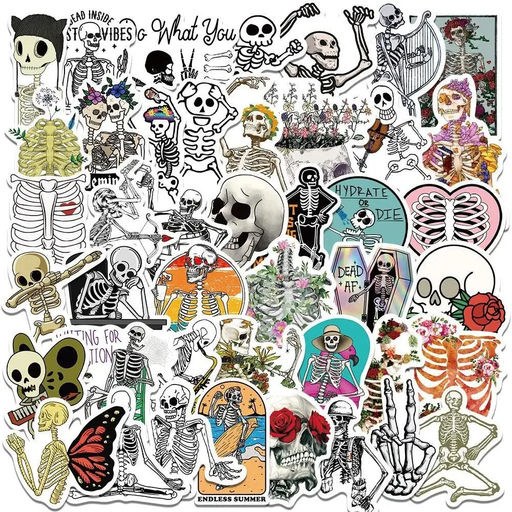 50pcs Cartoon Colorful Human Skeleton Funny Skull Graffiti Scooter Guitar Waterproof Decorative Sticker for Phone Computer