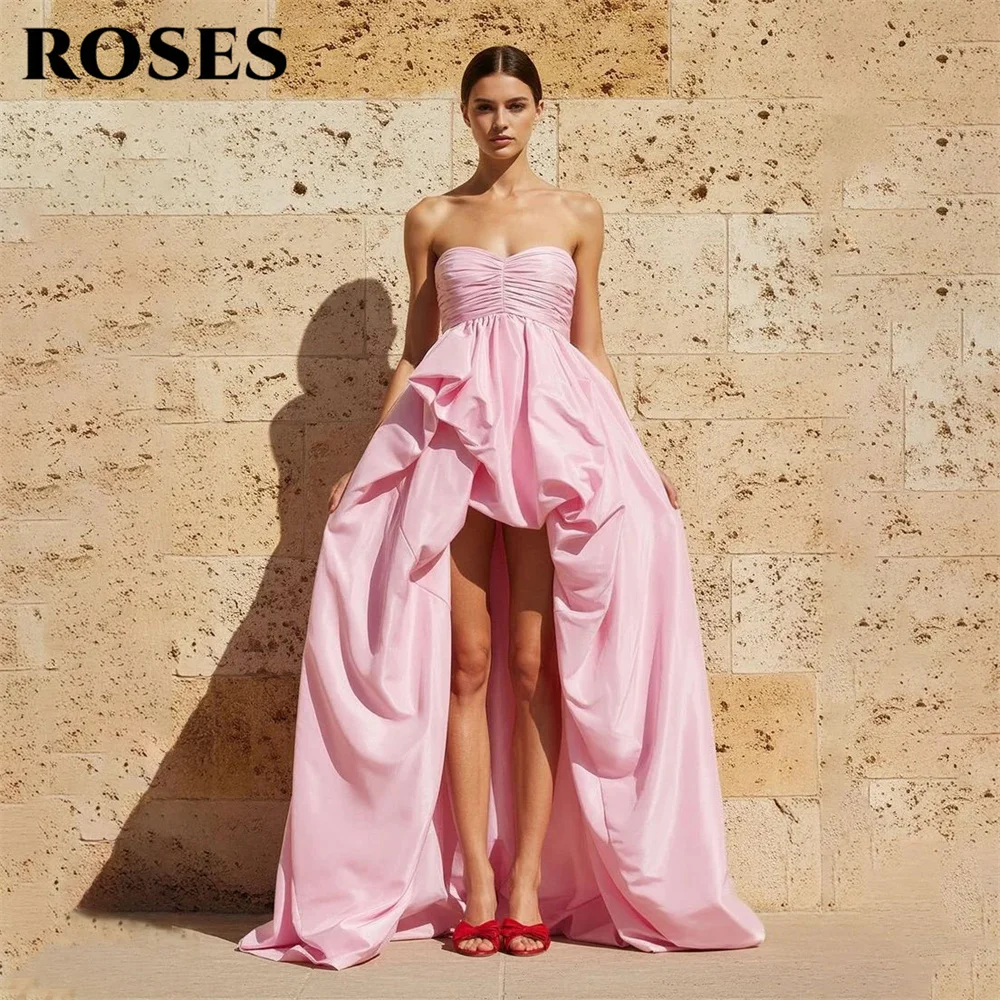 ROSES Pink Unique Evening Dress High Low Satin Prom Dress with Ruched Bodice Celebrity Dress Zipper Back 프롬 드레스 Customized