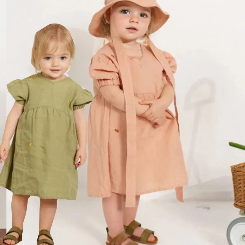 

2026 Cotton Linen Summer Dress Clothes For Toddler Girls Embroidered Green Brown Kids Dresses Size 2 3 4 5 7 8 9 10 11 12 Years