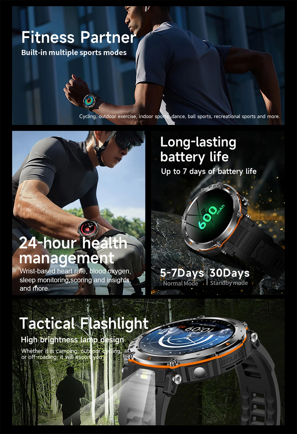 MEVADEN 1,7" großer Bildschirm Outdoor-Sportkompass Smart Watch Bluetooth Anruf Taschenlampe 600mAh Gesundheitsmonitor Smartwatch MD57 – Detail 2