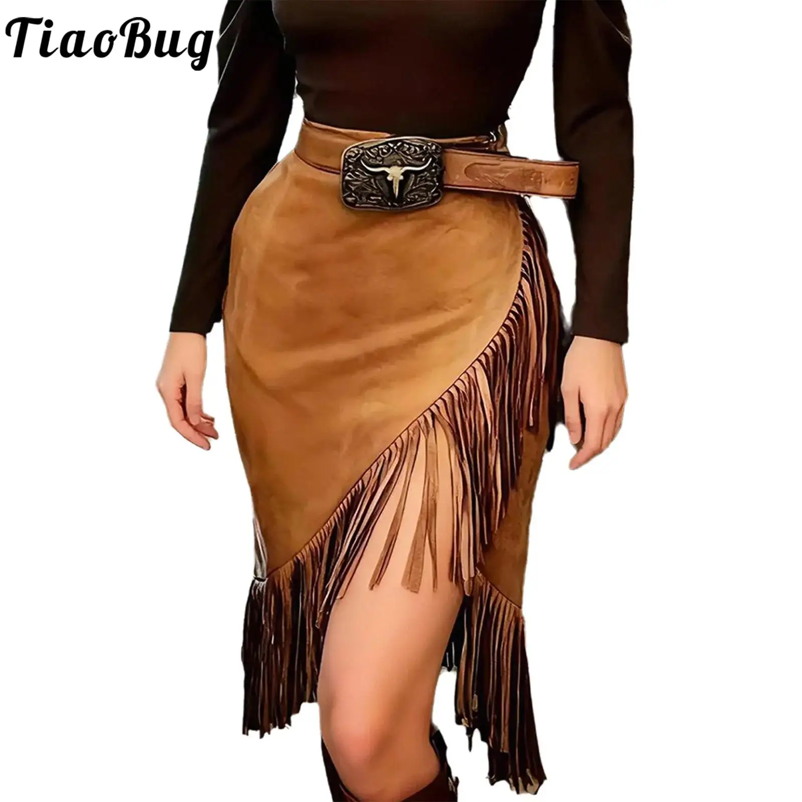 أزياء المرأة خمر راعية البقر شرابة تنّورة مجسّمة هامش التفاف هيم الجانب سستة فو الجلد المدبوغ Bodycon تنورة ل نادي حزب الشارع الشهير #2