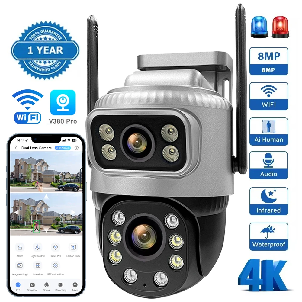 

Cámara seguridad IP con WiFi para exteriores videocámara 8MP, 4K,PTZ inalámbrica externa,cámara de vigilancia callejera V380 Pro