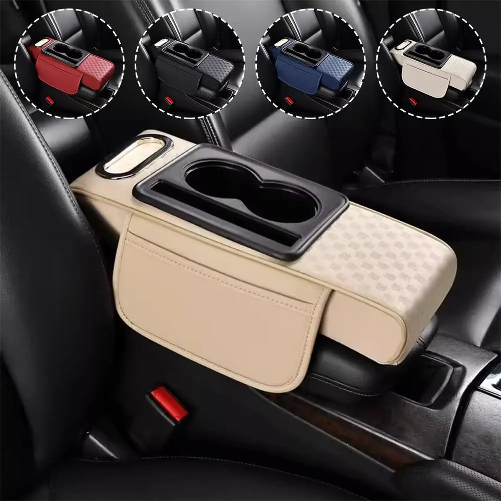 وسادة مسند ذراع لوحدة التحكم المركزية للسيارة مع حامل أكواب وحامل هاتف، وسادة حماية مسند الذراع من الجلد المقاوم للماء للسيارة Inte U4Y8 #4