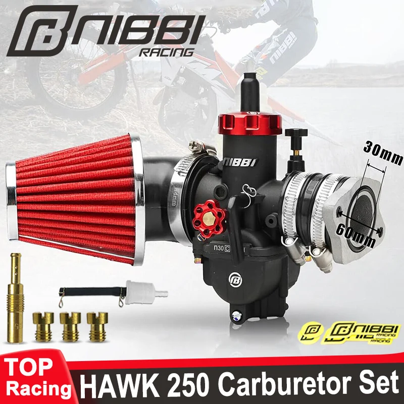 NIBBI PE30 Carburetor Set For Hawk 250CC-300CC Dirt Bike with Air Filter Intake Manifold Connector Adapter Motorcycle Carb Parts