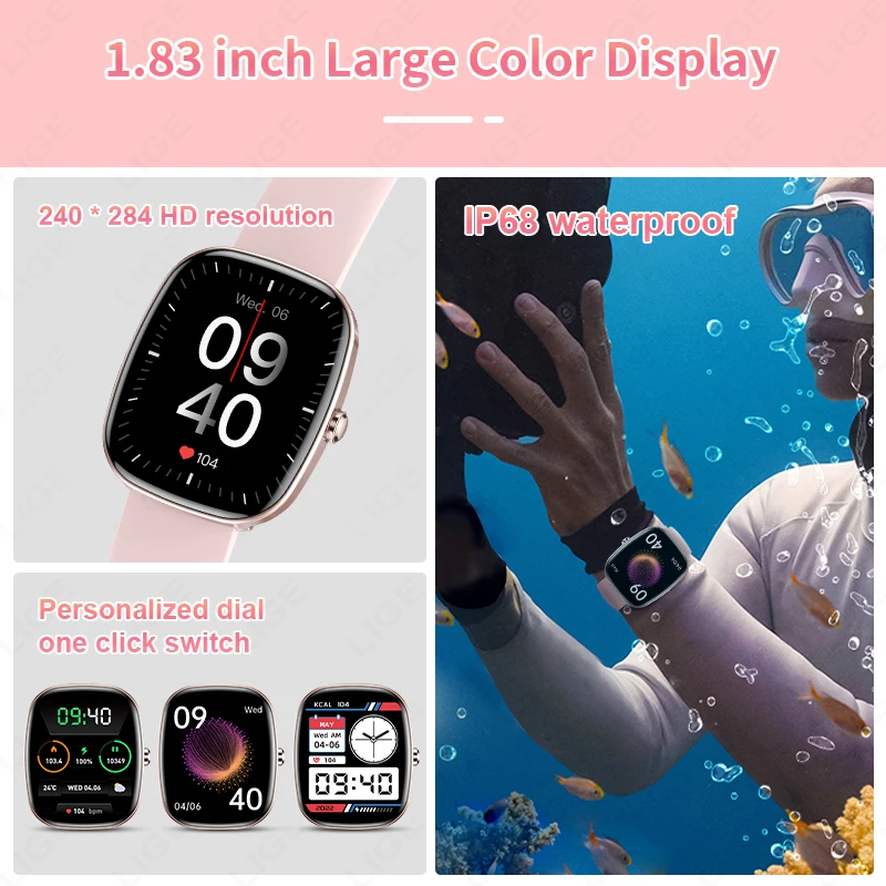 LIGE-Montre connectée pour les hommes et les femmes, étanche conforme à la norme IP68, écran HD de 1.83 pouces, appels Bluetooth, moniteur de santé pendant 24 heures