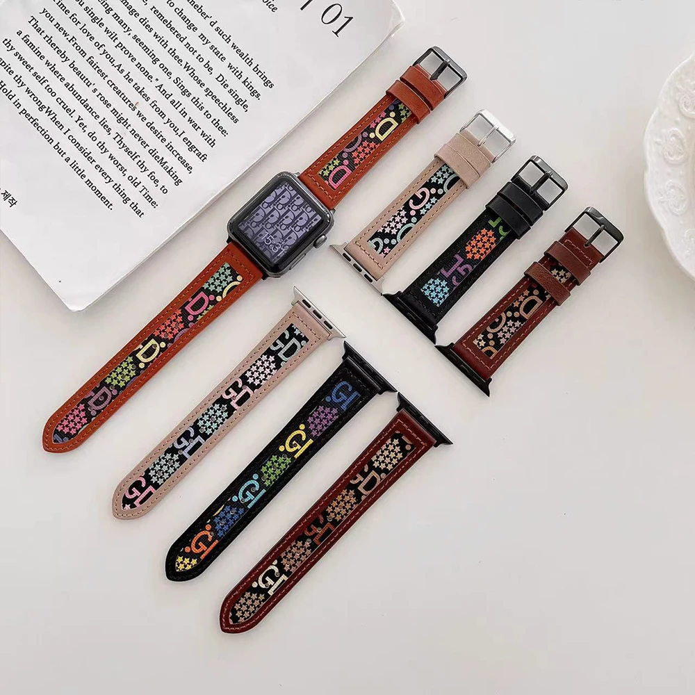 Leather Strap for Apple Watch Ultra 8 7 49mm 45mm 41mm Letter Style Fashion Bracelet Wristband for iWatch 6543SE 44 40mm 42 38mm