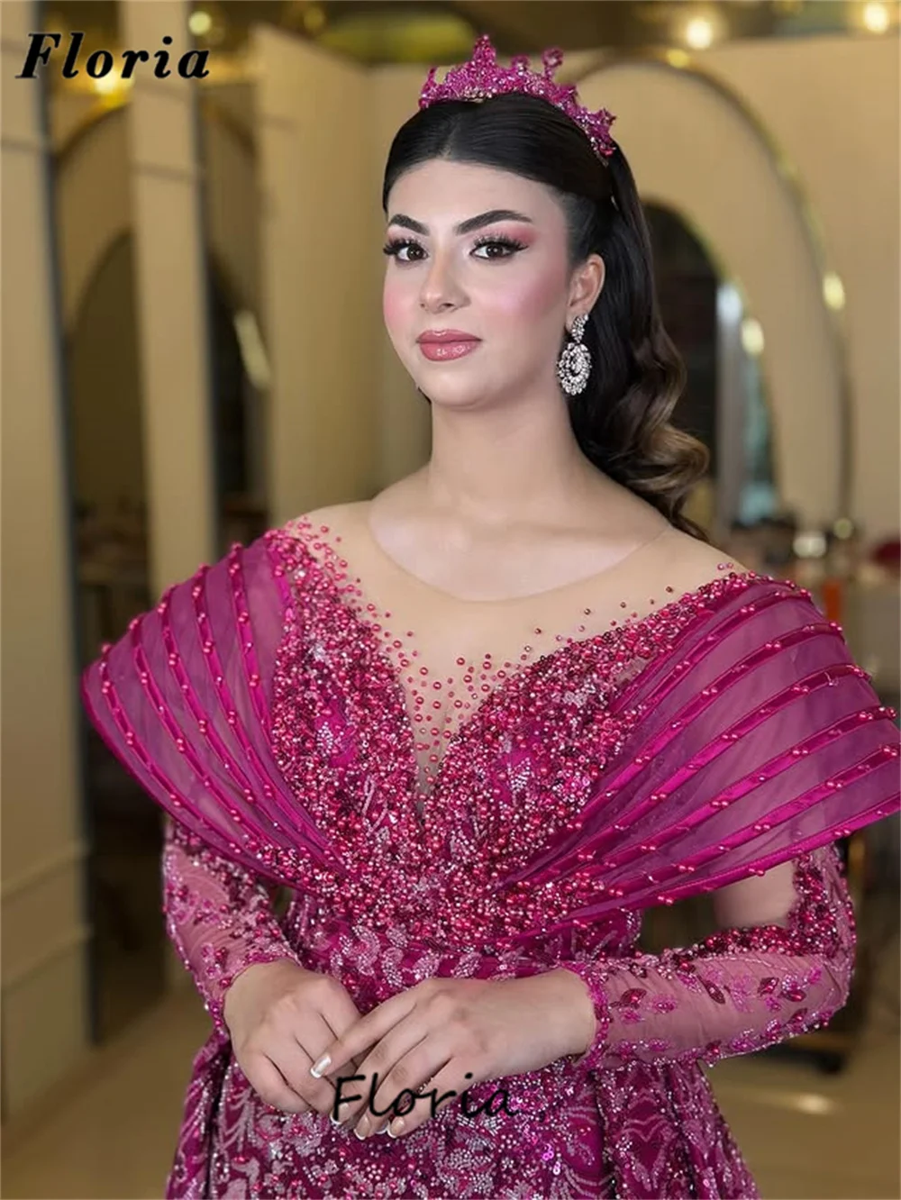 Middle East Fuchsia Beaded Evening Dresses With Overskirt 2025 Dubai Long Sleeves Engagement Party Gowns Prom Dress Customized
