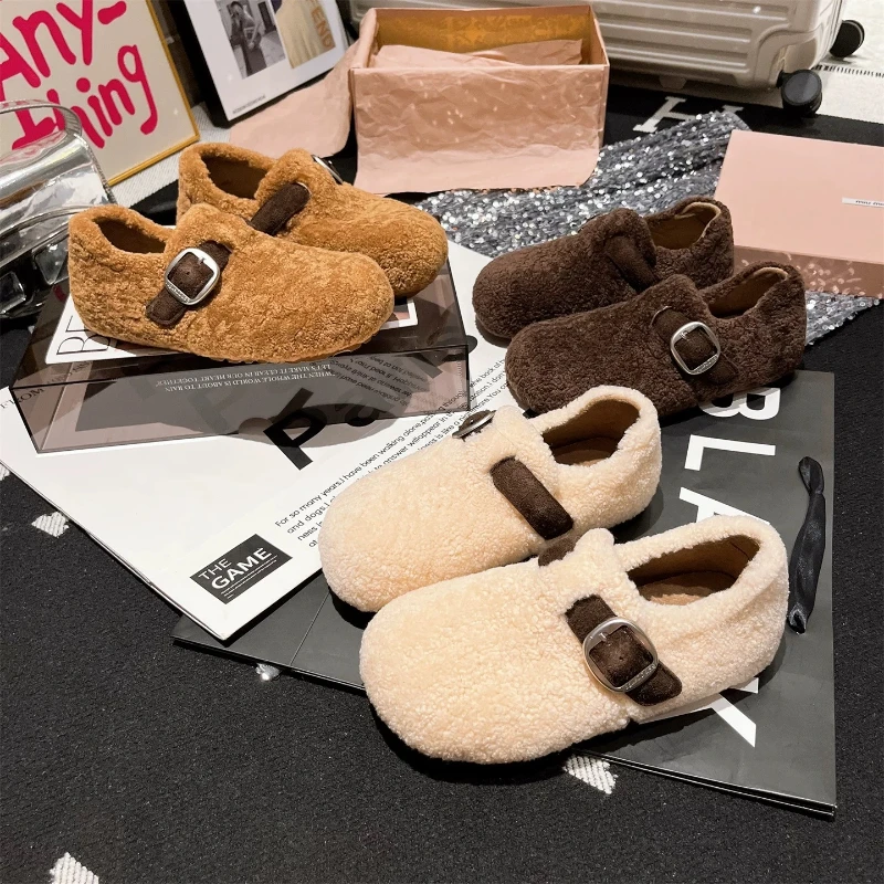 

Women's Fuzzy Buckle Strap Clogs Cozy Slip-On Flat Shoes Pantofle Luxury Plush Flat Slippers Cover Toe Fur Flip Flops Flock