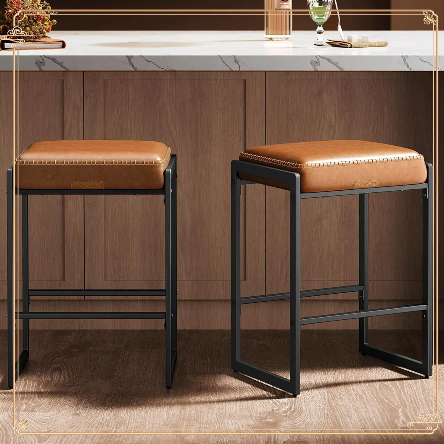 เก้าอี้สูงแบบเคาน์เตอร์ ชุด 2 ตัว, เก้าอี้บาร์หนัง PU สีคาราเมล พร้อมการเย็บแบบเพชร, สำหรับเคาน์เตอร์ครัว, เคาน์เตอร์อาหารเช้า