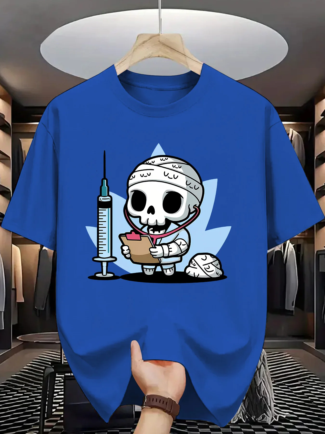 Cute Skeleton Doctor Mens Crew Neck T Shirt Cartoon Mummy Medic Syringe Stethoscope Graphic Short Sleeve Casual Street Tops