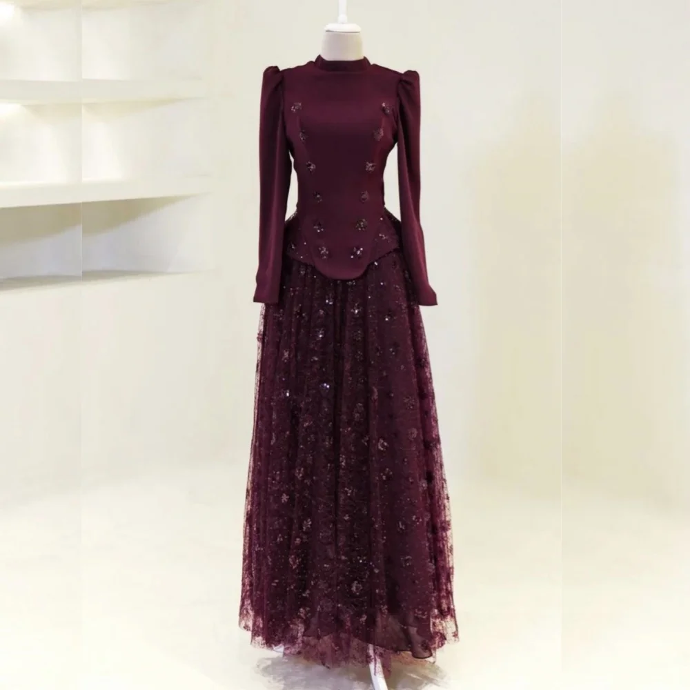 Maßgeschneidertes luxuriöses glitzerndes Abendkleid für Ballkleider, hoher Kragen, A-Linie, lange Kleider, Hochzeits- und Partykleid