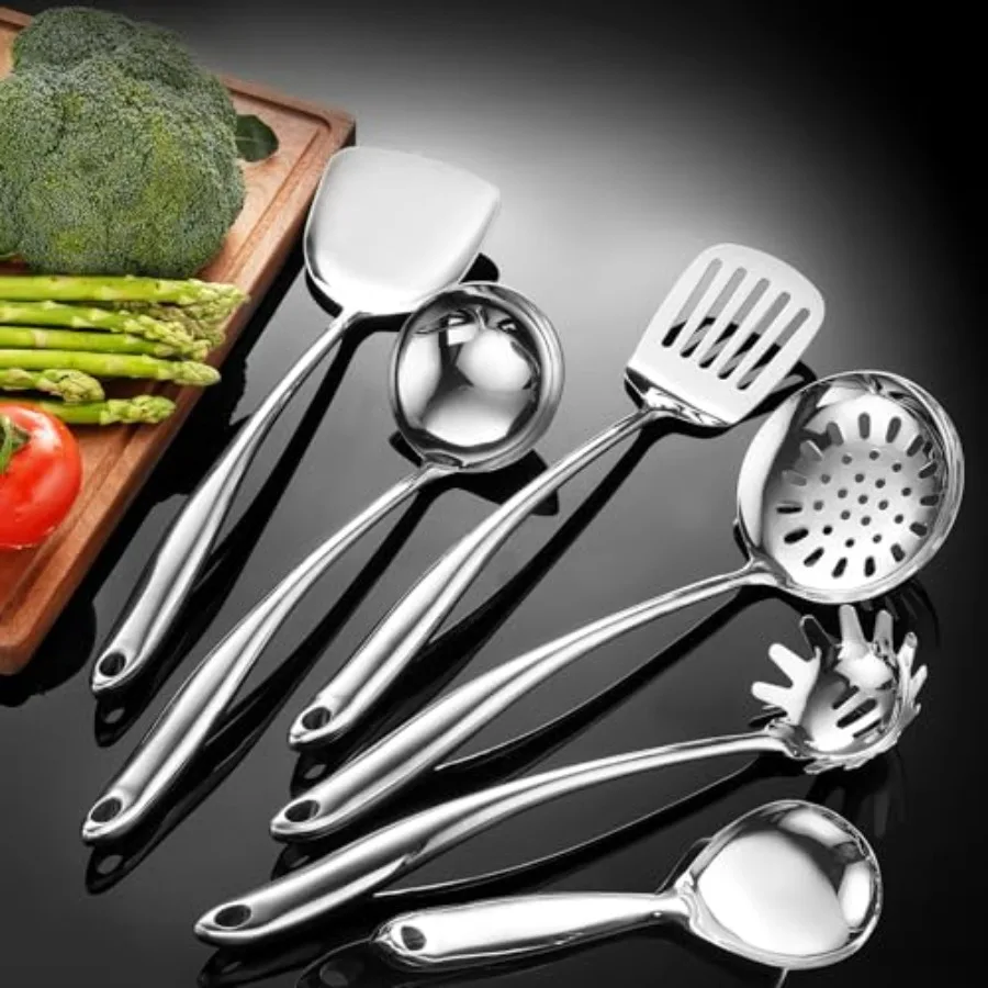 

304 Stainless Steel Kitchen Utensil 6 PCS Cooking Utensils Set Spatula Ladle Skimmer Slotted Spatula Tunner Spaghetti Spoon Lar