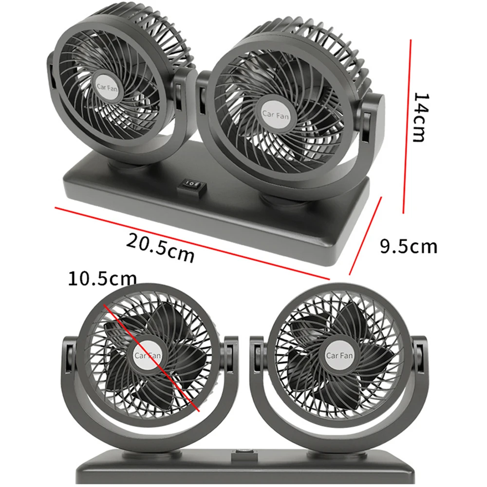 360° Rotate Dual Head Car Cooling Fan 2 Speed Adjustable Car Fan Cooler 5V/12V/24V Low Noise Auto Air Fan for Dashboard RV Truck