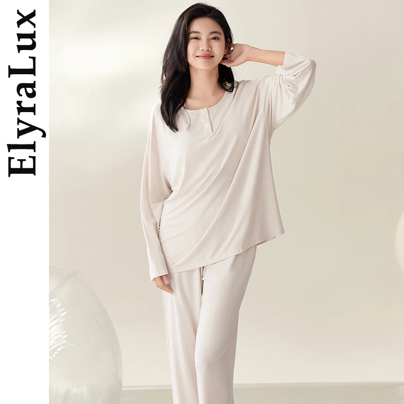 

ElyraLux Soft ModaL Sleepwear Women's Long Sleeve Set Pure Color Outdoor Wearable Home Clothes Autumn Winter Ladies' Sleep Suit