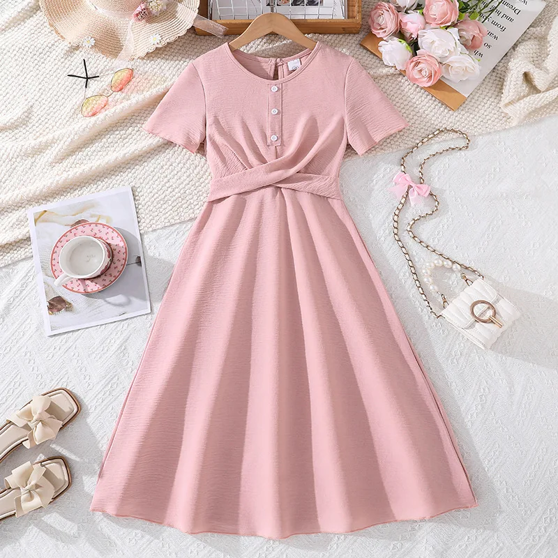 Girl's Clothing Spring and Summer New Style Elegant Solid Color Simple Short Sleeved Waist Cinching Big Swing Skirt