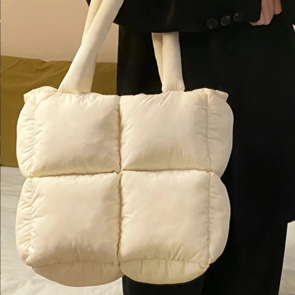 Fashion Nylon Cloth Puffy Shoulder Bag Large Capacity Quilted Down Feather Handbag Padded Soft Space Cotton Shopping Tote view 5
