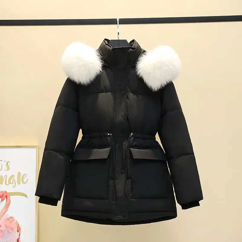 Winter jacke Frauen neue koreanische Mode mittellange elegante Kapuze Parkas schlank mit Pelz kragen warme Mäntel Jacken weiblich