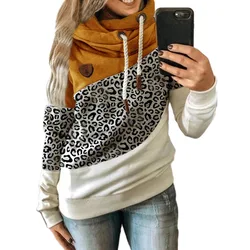 Turtleneck Patchwork Hoodies Women Casual Fashion Long Sleeve Leopard Printed Hooded Sweatshirts Female Winter Warm Pullovers