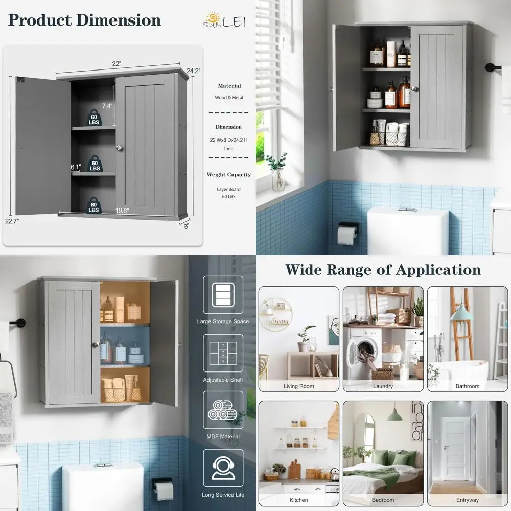 

Серый 3-х ярусный шкаф для хранения с 2 дверцами для ванной комнаты, настенный, с компактным дизайном