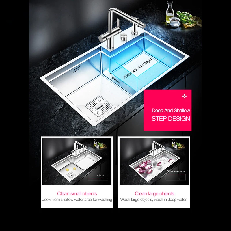 

Кухонная мойка из нержавеющей стали 304, большая, толщина 4 мм, глубина 220 мм, ступенчатая, ручной работы, матовая