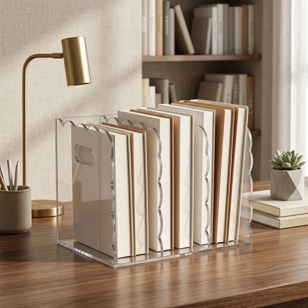 Scalloped Edge Transparent Desk Organizer for Sorting Incoming Mail Guest Folders Stationery 8.46 x 7.28 x 6.5 in