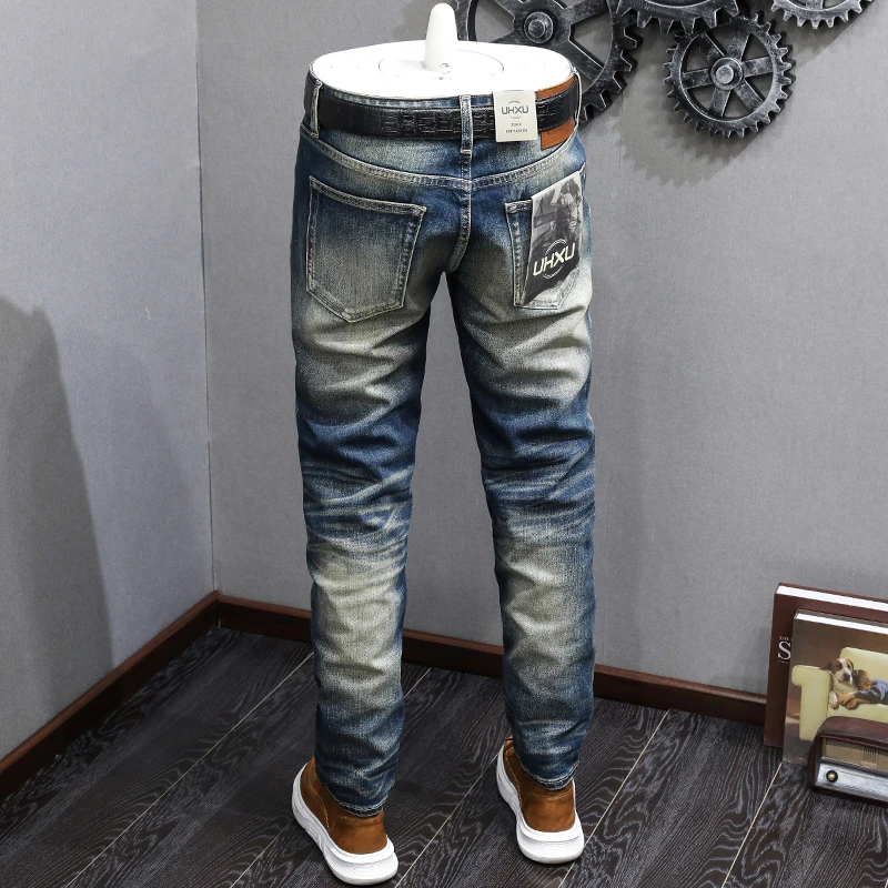 

Red-Ear Denim Jeans for Men2024New Retro Nostalgic Classic Washed Wear-White Fashion High-End Slim Fit Ankle Tight Trousers