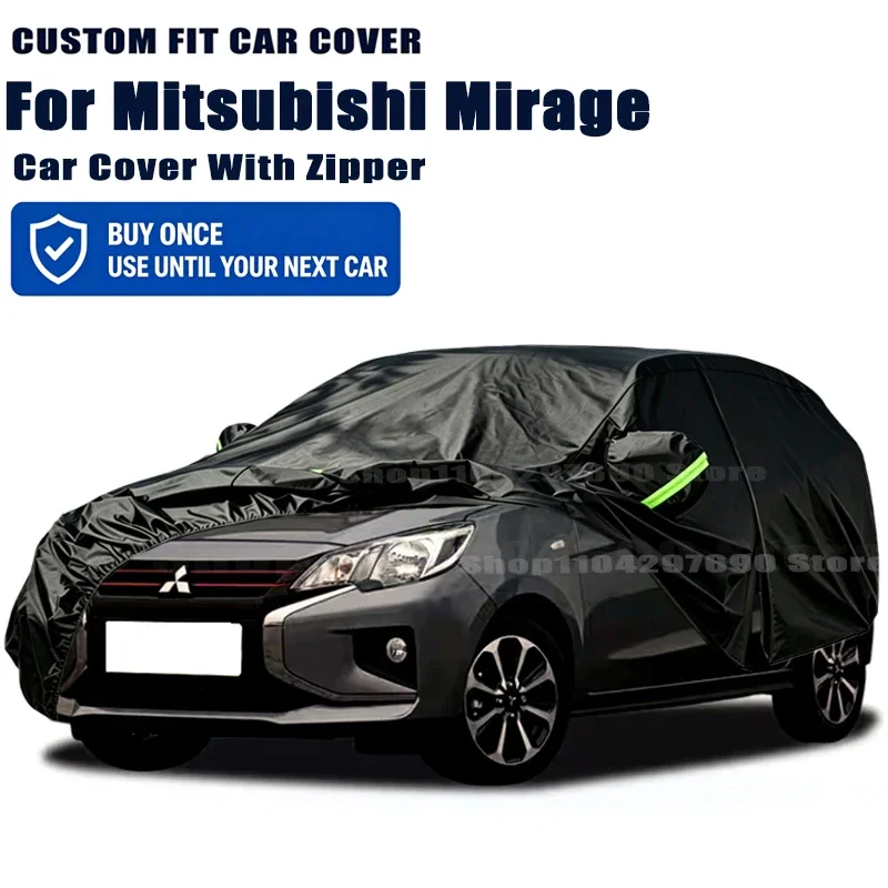 For Mitsubishi Mirage Car Cover With Door Zipper Waterproof Snow Rain Sunshade Anti-UV Dustproof Outdoor Protector