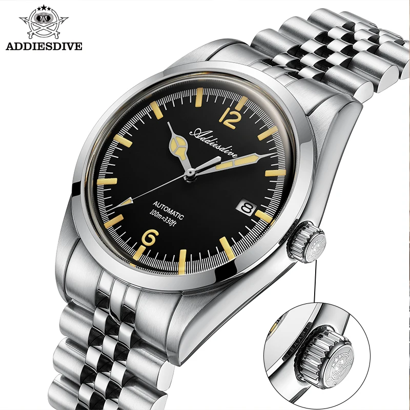 Addiesdive relógio masculino automático de aço inoxidável calendário exibição negócios lazer c3 luminoso à prova dwaterproof água 100m relógio de pulso ad2038