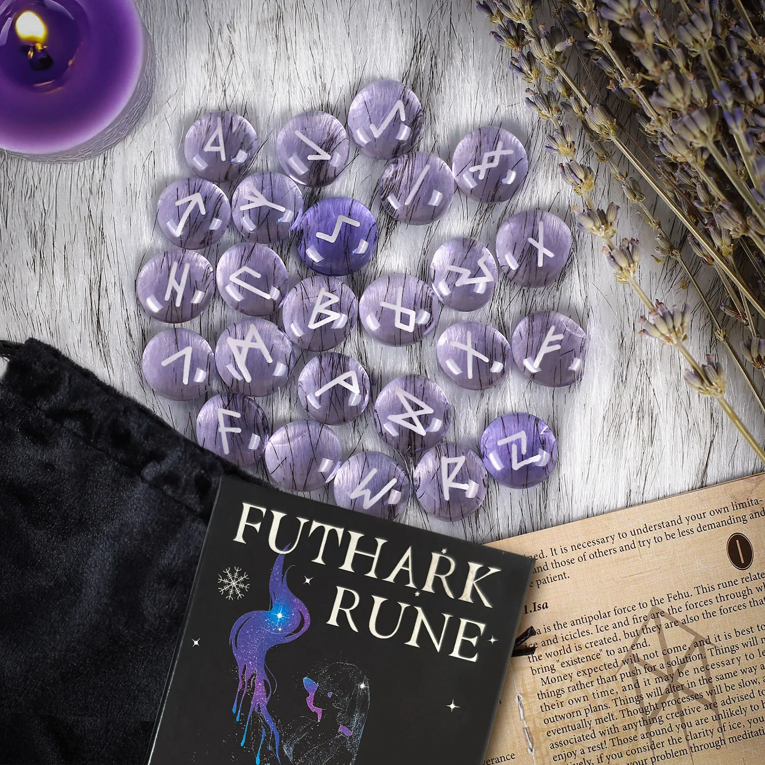 25 Pieces Elder Futhark Runes Set Purple Crackle Glass Engraved Rune Stones, Witchcraft Supplies, Spiritual Healing Pagan Gifts