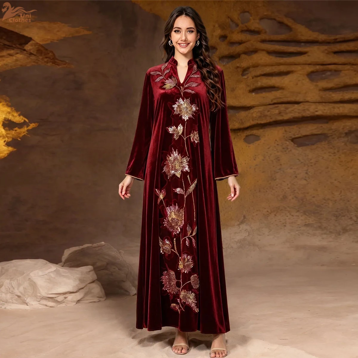

Zahraa New Muslim Rhinestone Beaded Velvet Loose Maxi Dress Kaftan Dresses Womens Dubai Moroccan Elegant Abaya 2026