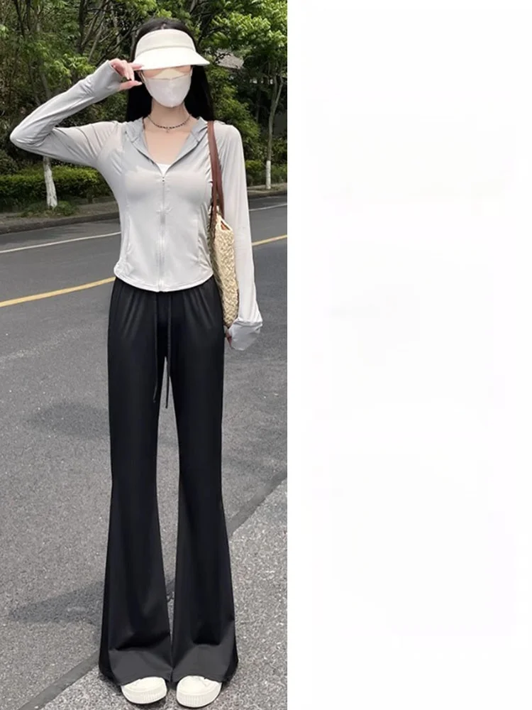 Ay taille haute cloche Bot pantalon femmes été mince glace soie Qui sec Spor pantalon décontracté trajet Sle Polyester Fiber