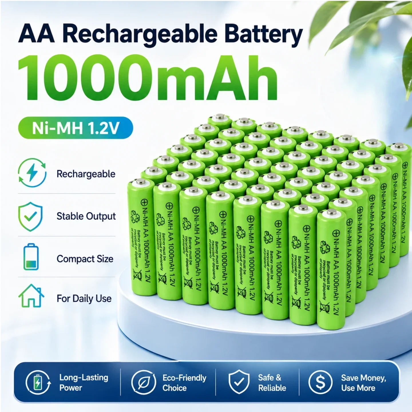

1.2V 1000mAh AA Ni-MH Rechargeable Battery High Capacity No.5 Cell For Kids Toy Remote Control