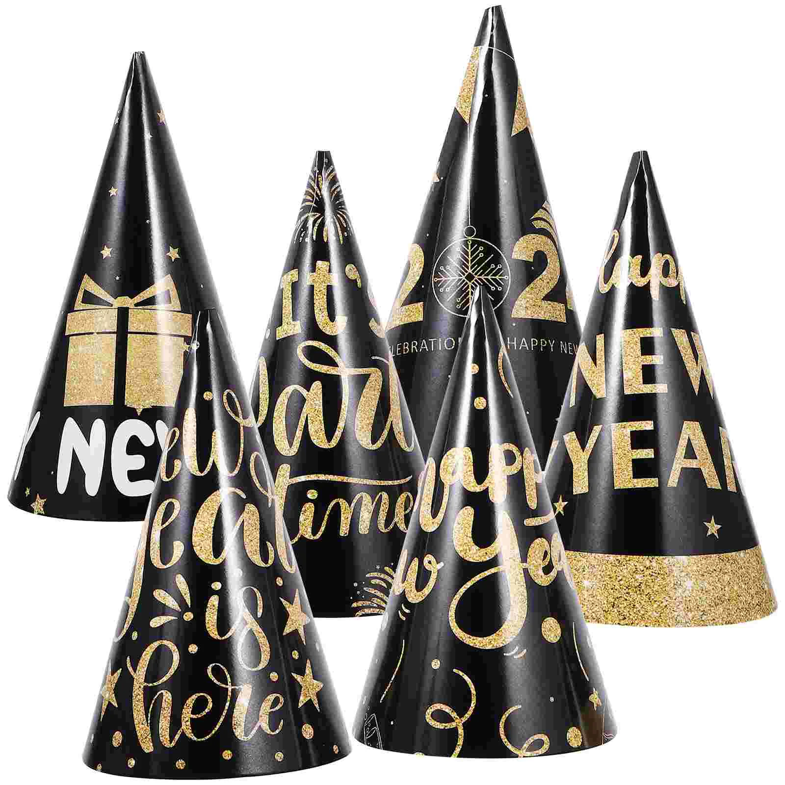 6 Pcs New Year's Eve Party Dress Up Black Gold Paper Hat Photo (New Type B) 6pcs Cone Hats Supplies Decorate Years