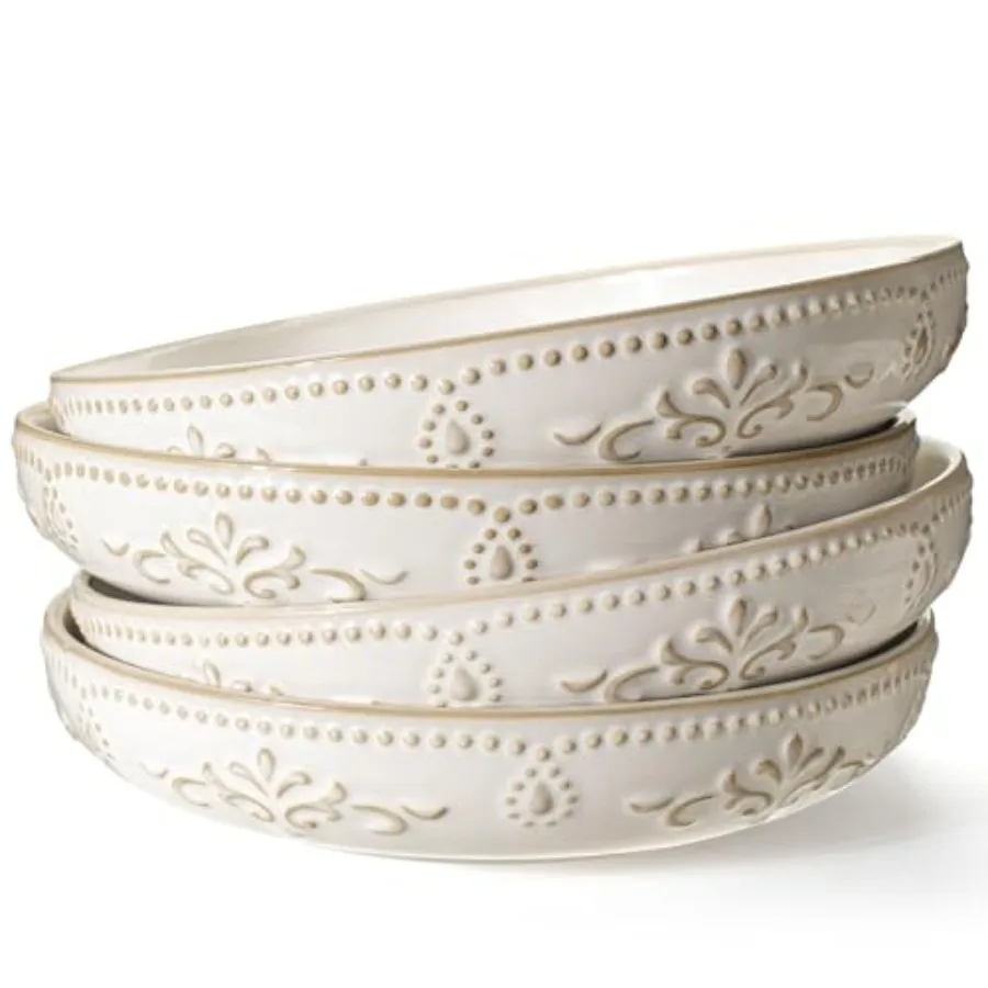 

Pasta Bowls 50oz Large Salad Serving Bowls 9.75'' Plates Bowl Set of 4 Big White Ceramic Soup Bowl for Kitchen Embossment Shall