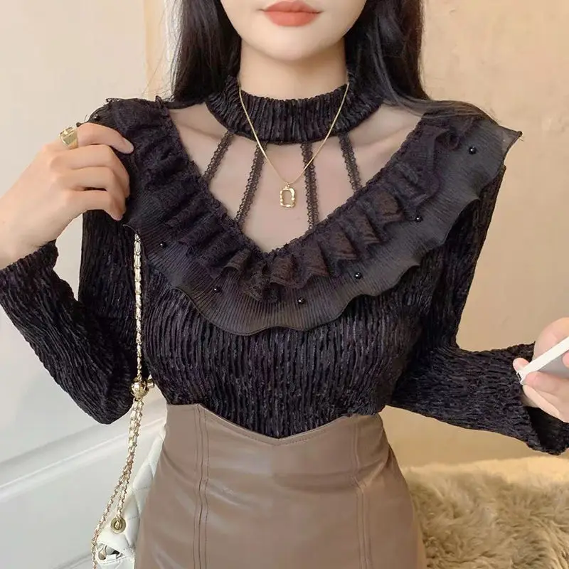 Lace Patchwork Half Height Collar Diamonds Top Tee Women Clothing 2024 Autumn Winter New All-match Slim Bottoming Shirt T-Shirts