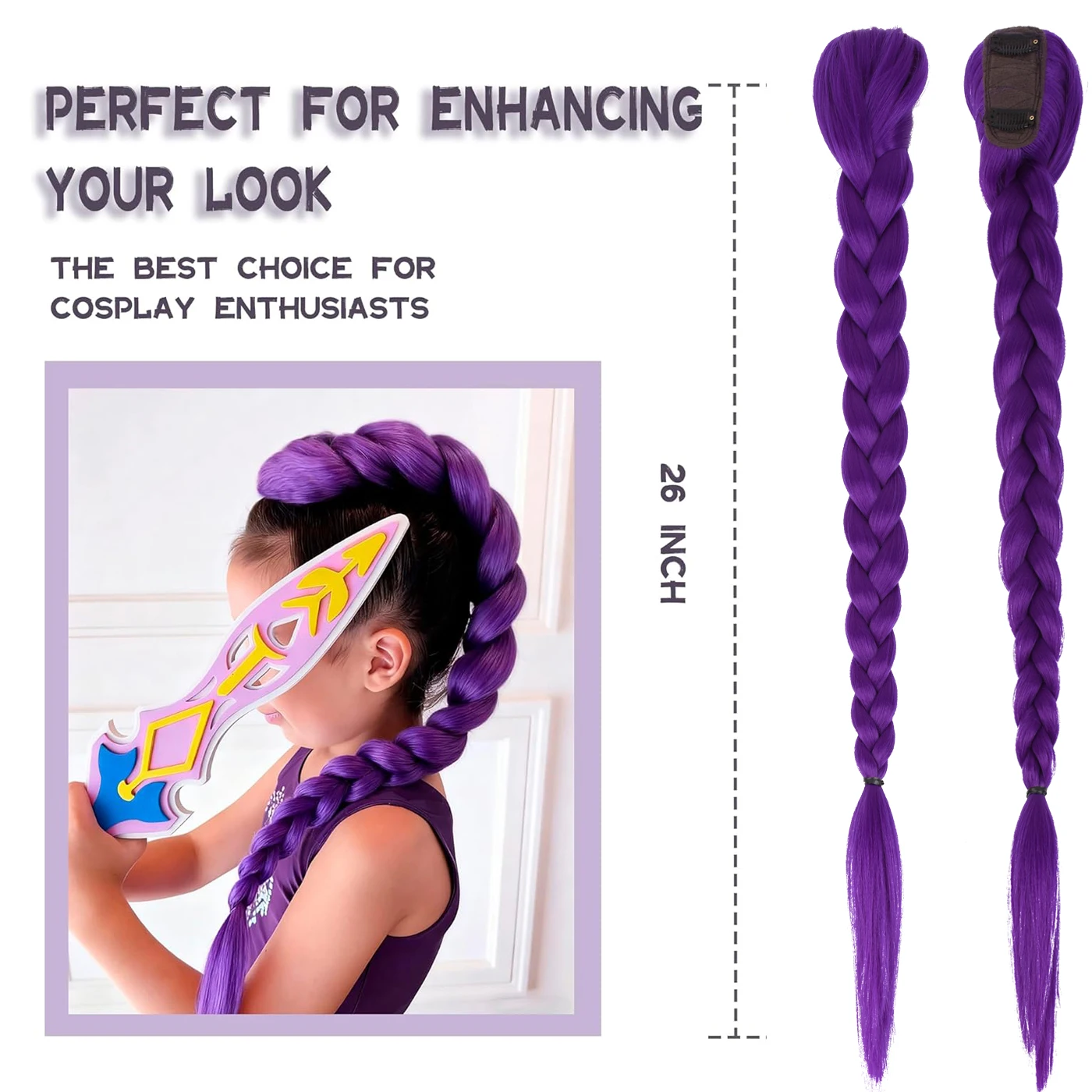 وصلات شعر تجديل أرجوانية صناعية لضفائر فتاة رومي بمشبك طويل 26 بوصة في ذيل حصان لزي الهالوين التنكرية