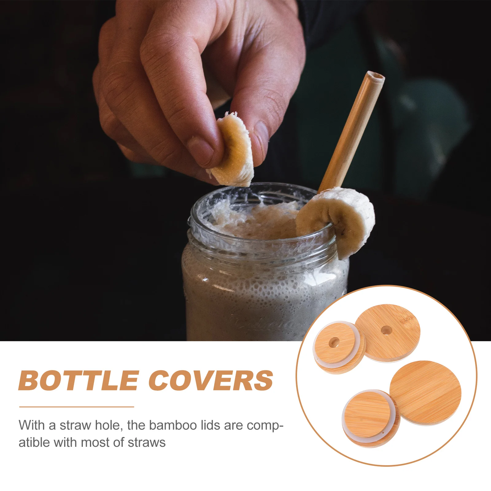 

4pcs Bamboo Mason Jar Lids Set Lightweight Fit Wide Mouth Canning Jars Coffee Tumbler Cover Straw Hole Compatible