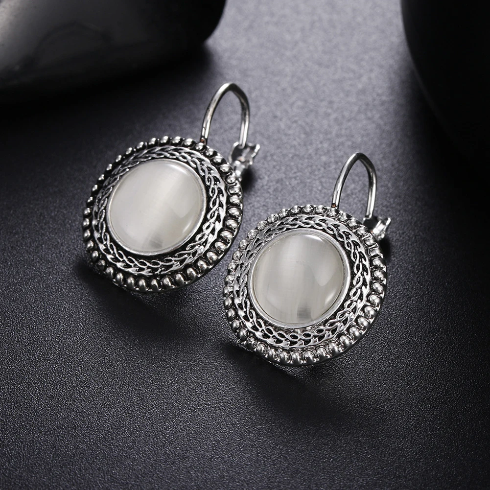 Vintage Ethnic Silver Color Round Opal Earrings for Women Boho Exaggerated Temperament Gothic Accessories Jewelry Drop Earrings