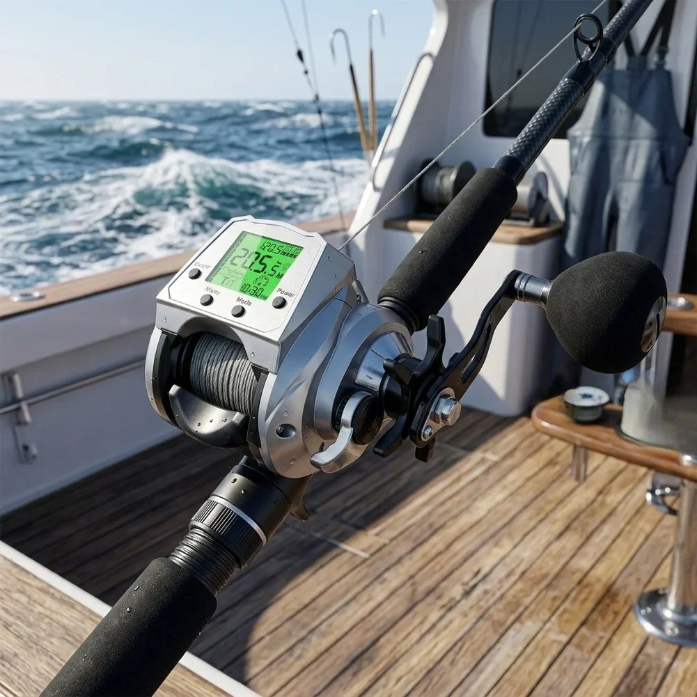 Electric Fishing Reel With Temperature And Time Display TX1200 6.3:1 Gear Ratio 16KG Drag Boat Fishing Wheel For Sea Fishing