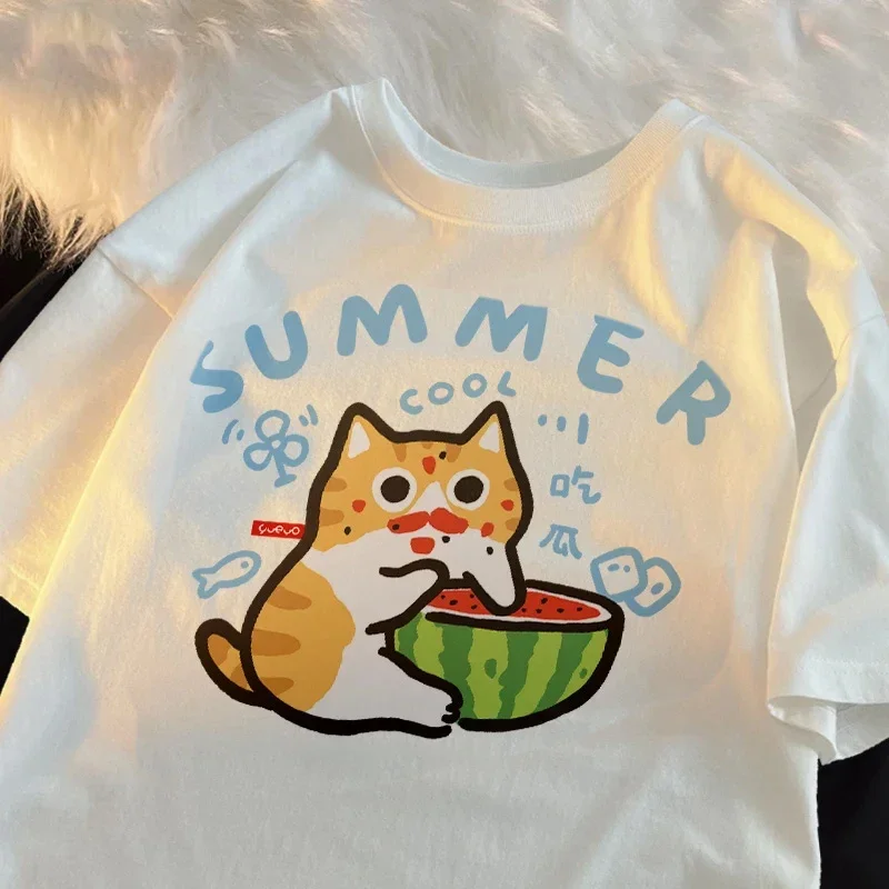 Funny Eating Melons Oranges Cats Catsprinted Mans T-Shirt Fitting Cool T Shirts Leisure Oversized Tee Shirt Pleasure Y2K Tops