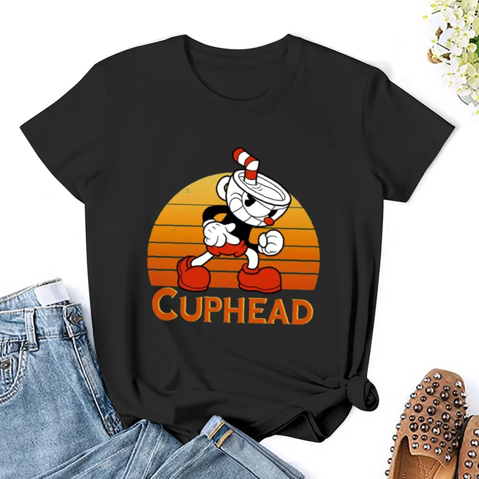 Винтажная Футболка Cuphead С закатом, летние топы, аниме одежда, забавное белое платье-футболка для женщин, сексуальное