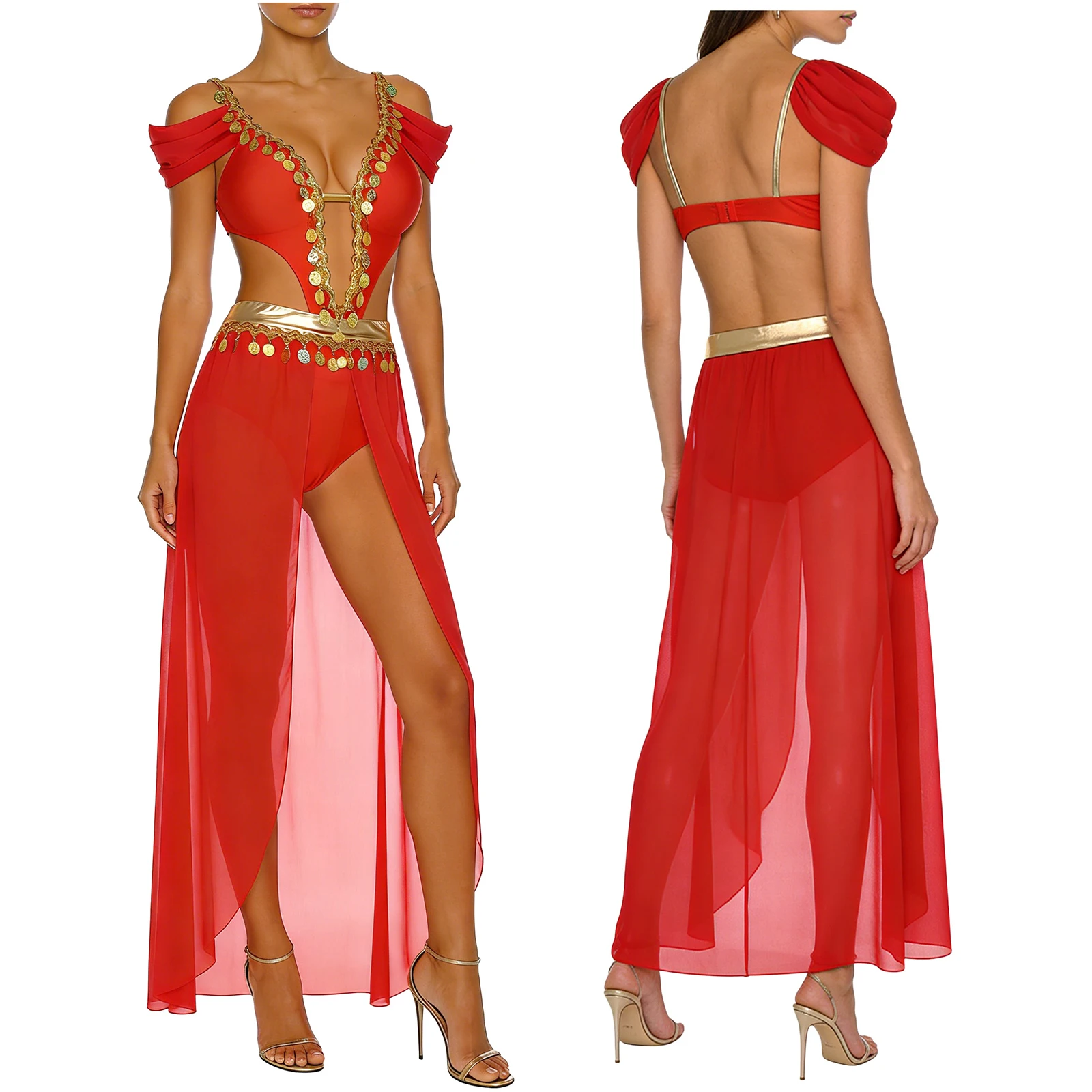 Womens Oriental Belly Dance Dress Sequin Tassel Cutout V Neck Open Front Chiffon Leotard Carnival Arabian India Princess Costume