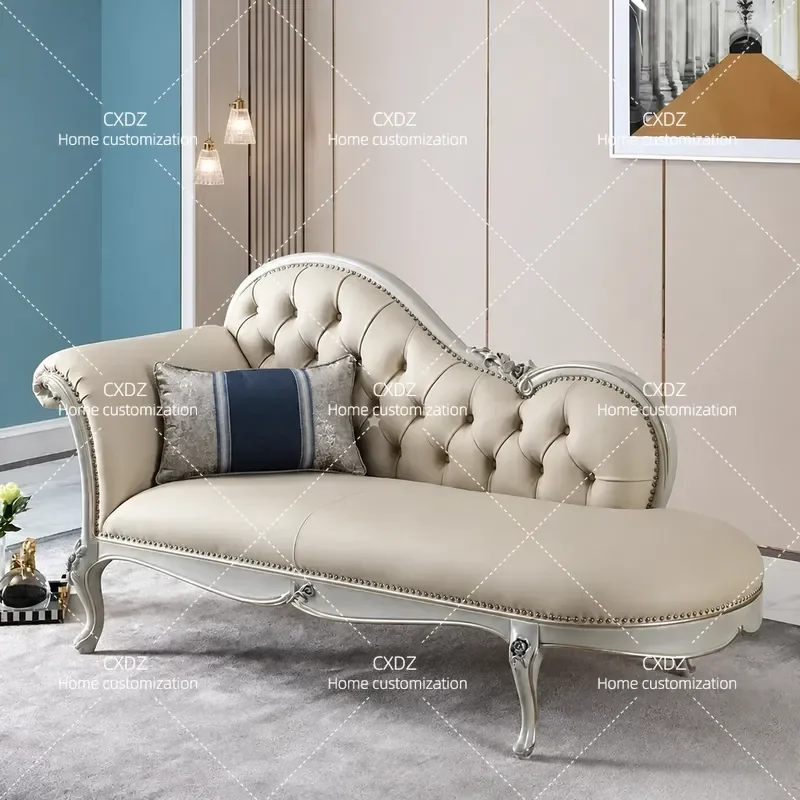 French Light Luxury Solid Wood Carved Flower Chair European Tufted Leather Beauty Couch Small Apartment Bedroom Leisure