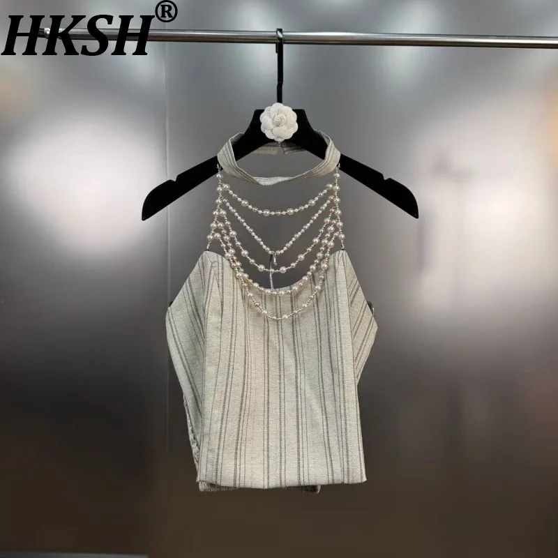 

HKSH Summer New Women's Elegant Chic Design Sense Sexy Heavy Craft Beaded Chain Halter Neck Vest Stylish Striped Tank Top HK7833